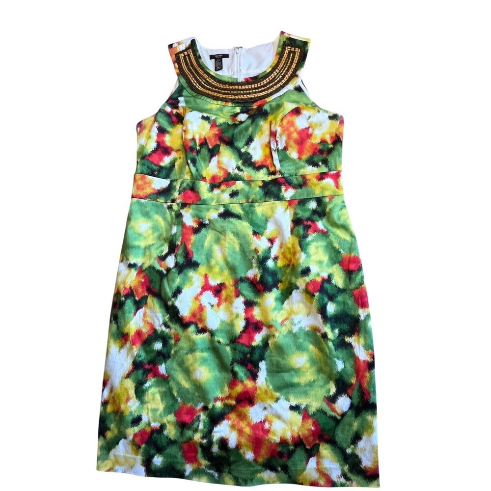 Alfani Woman Beaded Neckline Floral Dress 14W Cotton/Nylon/Spandex